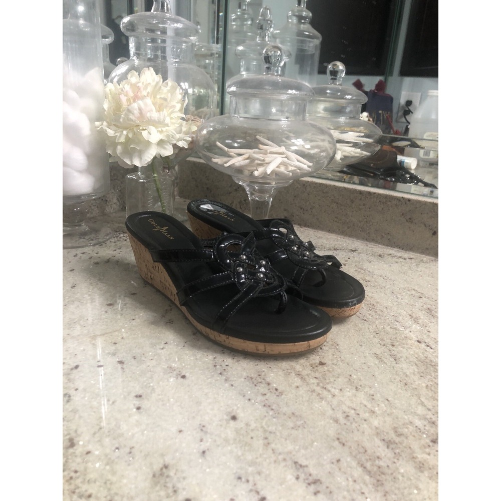 Cole Haan Black Patent Leather Strappy Cork Wedge Sandals 7.5 Studded Summer
